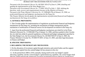 Circular no. 34/2006/TT-BTC of April 19, 2006 guiding the implementation of the prime minister's decision no. 13/2006/QD-TTg of january 16,2006, on preferential financial and budgetary mechanisms for Da Nang city