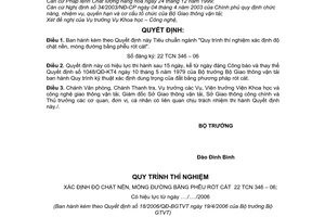 Quyết định 18/2006/QĐ-BGTVT Tiêu chuẩn ngành "Quy trình thí nghiệm xác định độ chặt nền, móng đường bằng phễu rót cát" 22 TCN 346-06