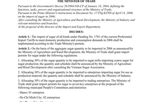 Decision No. 19/2006/QD-BTM of April 20, 2006, controlling the import of sugar in 2006