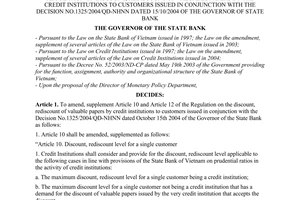 Decision No. 17/2006/QD-NHNN of April 20, 2006, on the amendment, supplement of article 10 and article 12 of the regulation on discount, rediscount of valuable papers by the credit institutions to customers issued in conjunction with the Decision No.1325/2004/QD-NHNN dated 15/10/2004 of the Governor of State Bank