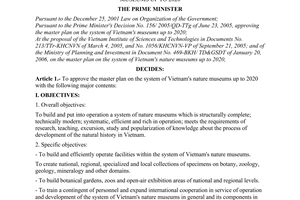 Decision No. 86/2006/QD-TTg of  April 20, 2006, approving the master plan on the system of Vietnam's nature museums up to 2020