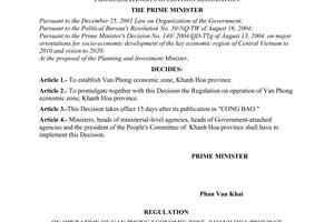 Decision No. 92/2006/QD-TTg of  April 25, 2006, establishing Van Phong economic zone, Khanh Hoa province, and promulgatingits operation regulation
