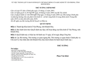 Quyết định 92/2006/QĐ-TTg  Quy chế hoạt động  Khu kinh tế Vân Phong,Khánh Hòa