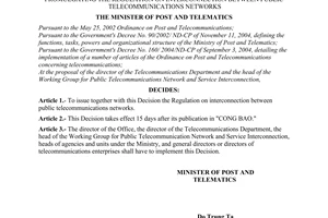 Decision no. 12/2006/QD-BBCVT of April 26, 2006 promulgating the regulation on interconnection between public telecommunications networks