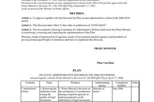 Decision no. 94/2006/QD-TTg of April 27, 2006 approving the plan on state administrative reform in the 2006-2010 period