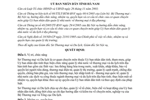 Quyết định 05/2006/QĐ-UBND chức năng nhiệm vụ quyền hạn tổ chức Sở Thương mại Du lịch Hà Nam