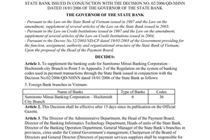 Decision  No. 13/2006/QD-NHNN of April 03, 2006, on the supplement of Point 5 in Appendix 3 of the regulation on the system of banking codes  used in payment transaction through the State Bank issued in conjunction with the Decision No. 02/2006/QD-NHNN dated 18/01/2006 of the Governor of the State Bank