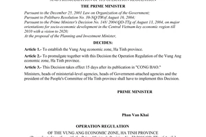 Decision No. 72/2006/QD-TTg of the Prime Minister of Government, on establishment of The Vung Ang Economic Zone, Ha Tinh province, and promulgation of its operation regulation