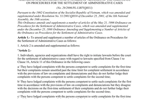 Ordinance No. 29/2006/PL-UBTVQH11 of April 05, 2006 amending and supplementing a number of articles of the ordinance on procedures for the settlement of administrative cases