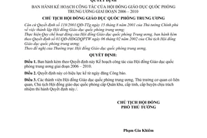 Quyết định 01/2006/QĐ-HĐGDQPTW  kế hoạch công tác Hội đồng giáo dục quốc phòng trung ương 2006-2010