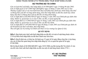 Quyết định 23/2006/QĐ-BTC  mức thuế suất nhập khẩu mặt hàng nhóm 2710  Biểu thuế nhập khẩu ưu đãi