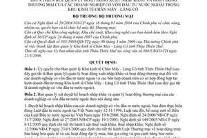 Quyết định 18/2006/QĐ-BTM ủy quyền BQL Khu kinh tế Chân Mây -Lăng Cô Thừa Thiên Huế quản lý hoạt động XNK-TM doanh nghiệp vốn đầu tư nước ngoài