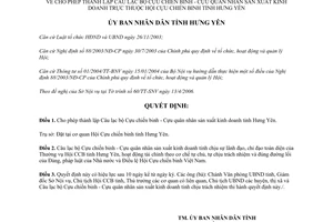 Quyết định 54/2006/QĐ-UBND thành lập Câu lạc bộ Cựu chiến binh Hưng Yên