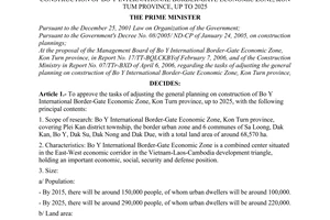 Decision No. 603/QD-TTg of April 14, 2006, approving the tasks of adjusting the general planning on construction of Bo Y international border-gate economic zone, Kon Tum province, up to 2025.
