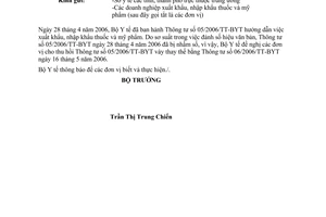 Công văn 3706/BYT-QLD thu hồi TT 05/2006/TT-BYT ngày 28/4/2006 và TT  06/2006/TT-BYT ngày 16/5/2006