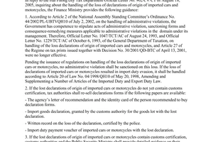 Official Dispatch No. 5957/BTC-TCT of May 11, 2006, on handling of the loss declarations of origin of imported cars and motorcycles