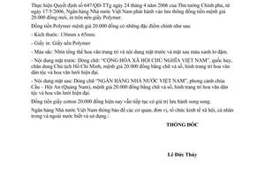 Thông báo 3382/NHNN-PHKQ phát hành tiền Polymer mệnh giá 20.000 đồng