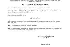 Quyết định 25/2006/QĐ-UBND Kế hoạch đào tạo bồi dưỡng cán bộ công chức Đồng Tháp 2006 2010