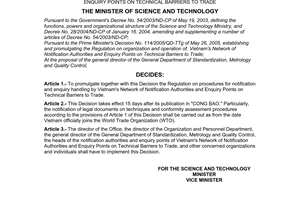 Decision No. 09/2006/QD-BKHCN of May 04, 2006, promulgating the regulation on procedures for notification and enquiry handling by Vietnam's network of notification authorities and enquiry points on technical barriers to trade.