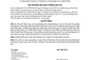 Quyết định 19/2006/QĐ-BGTVT  Danh mục hàng hoá theo 12/2006/NĐ-CP