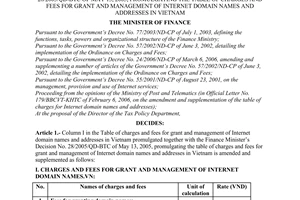 Decision No. 28/2006/QD-BTC of May 05, 2006, amending and supplementing The Finance Minister’s Decision No. 28/2005/QD-BTC of May 13, 2005, promulgating the table of charges and fees for grant and management of internet domain names and addresses in Vietnam.