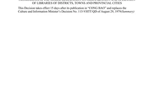Decision No. 49/2006/QD-BVHTT of May 05, 2006, promulgating the model regulation on organization and operation of libraries of districts, towns and provincial cities.