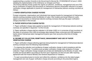 Circular No. 37/2006/TT-BTC, promulgated by the Ministry of Finance, guiding the regime of collection, remittance, management and use of the charge for verification of papers and documents on Vietnamese laborers working overseas applicable to overseas labor management boards