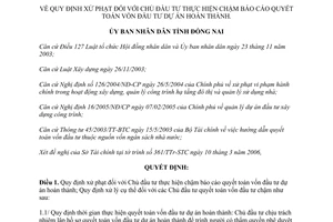 Quyết định 33/2006/QĐ-UBND xử phạt chủ đầu tư chậm báo cáo quyết toán vốn đầu tư dự án hoàn thành Đồng Nai