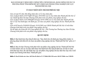 Quyết định 66/2006/QĐ-UBND  hiệu chỉnh tiêu chí đánh giá, bảng điểm chuẩn phương pháp tính điểm xét chọn sản phẩm CN chủ lực thành phố Hà Nội