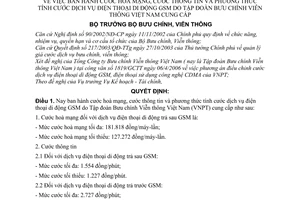 Quyết định 16/2006/QĐ-BBCVT cước hoà mạng,thông tin,phương thức tính dịch vụ điện thoại di động GSM tập đoàn bưu chính viễn thông cung cấp