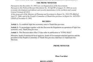 Decision No. 102/2006/QD-TTg of May 15, 2006, on the establishment of Nghi Son economic zone, Thanh Hoa province, and the promulgation of its operation regulation.