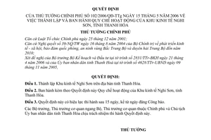 Quyết định 102/2006/QĐ-TTg thành lập ban hành quy chế hoạt động khu kinh tế Nghi Sơn, tỉnh Thanh Hóa