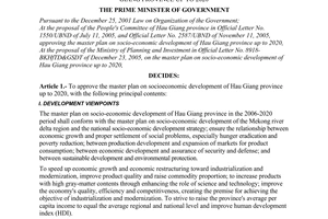 Decision No. 105/2006/QD-TTg of the Prime Minister of Government, approving the master plan on socio-economic development of Hau Giang province up to 2020