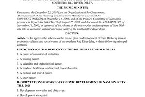Decision No. 109/2006/QD-TTg of May 19, 2006, approving the scheme on the master plan on development of Nam Dinh city into an economic, cultural and social center of the southern red river delta