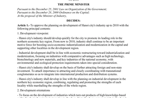 Decision No. 113/2006/QD-TTg of May 24, 2006, approving the planning on development of Hanoi city's industry up to 2010