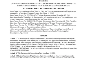 Decision No. 927/QD-TCHQ of May 25, 2006, on promulgation of process of customs procedures for exports and imports transported from border gate to border gate