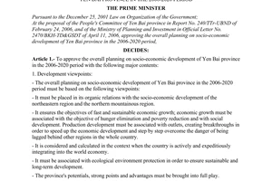 Decision No. 116/2006/QD-TTg of May 26, 2006 approving the overall planning on socio-economic development of Yen Bai province in the 2006-2020 period
