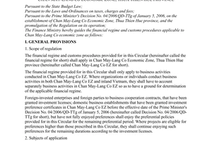 Circular No. 46/2006/TT-BTC of May 26, 2006 guiding the financial regime and customs procedures applicable to Chan May-Lang Co economic zone, Thua Thien Hue province