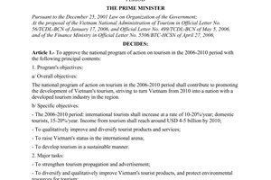 Decision No. 121/2006/QD-TTg of May 29, 2006, approving the national program of action on tourism in the 2006-2010 period