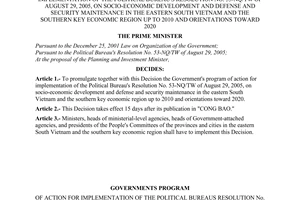 Decision No. 123/2006/QD-TTg of May 29, 2006 promulgating The Government's Program of action for implementation of The Political Bureau's Resolution No. 53-NQ/TW of august 29, 2005, on socio-economic development and defense and security maintenance in the eastern South Vietnam and The Southern Key Economic Region up to 2010 and orientations toward 2020