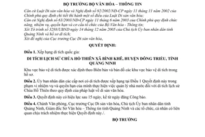 Quyết định 56/2006/QĐ-BVHTT xếp hạng di tích quốc gia Chùa Hồ Thiên xã Bình Khê,Đông Triều,Quảng ninh