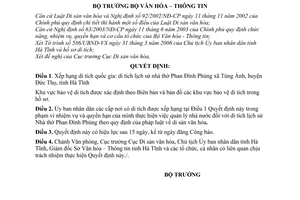 Quyết định 59/2006/QĐ-BVHTT xếp hạng di tích quốc gia Nhà thờ Phan Đình Phùng,xã Tùng Ảnh,huyện Đức Thọ,Hà Tĩnh