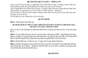 Quyết định  58/2006/QĐ-BVHTT xếp hạng di tích quốc gia Mộ nhà thờ Nguyễn Huy Oánh xã Trường Lộc,Can Lộc,Hà Tĩnh