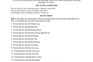 Quyết định 122/2006/QĐ-TTg chuyển loại hình trường đại học dân lập sang trường đại học tư thục