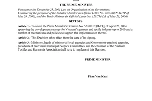 Decisionc No. 126/2006/QD-TTg, promulgated by the Prime Minister of Government, annulling the Prime Minister's Decision No. 55/2001/QD-TTG of April 23, 2001