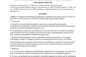 Decision No. 124/2006/QD-TTg of May 30, 2006 approving the planning on exploration, exploitation, processing and use of iron ores up to 2010, with orientations toward 2020