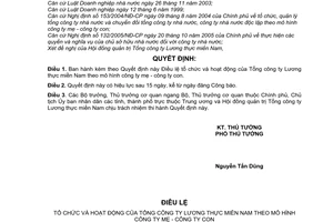 Quyết định 125/2006/QĐ-TTg  điều lệ tổ chức hoạt động tổng công ty lương thực Miền Nam mô hình Công ty mẹ con