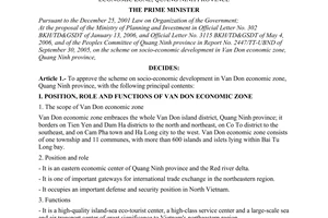 Decision No.786/QD-TTg of May 31, 2006 approving the scheme on socio-economic development in van don economic zone, Quang Ninh province