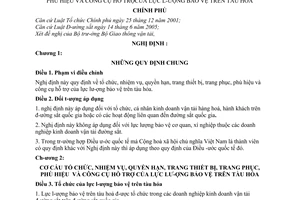 Nghị định 55/2006/NĐ-CP tổ chức, nhiệm vụ, quyền hạn,trang thiết bị, trang phục, phù hiệu và công cụ hỗ trợ của lực lượng bảo   vệ trên tàu hoả