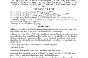 Quyết định 127/2006/QĐ-TTg Đề án chuyển Tổng công ty Thiết bị kỹ thuật điện tổ chức hoạt động mô hình công ty mẹ con